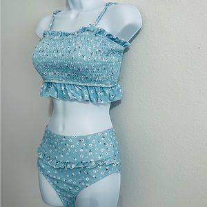 Women's Shirred Bandeau Top High Waisted Bottom 2-Piece Swimsuit Bikini - S